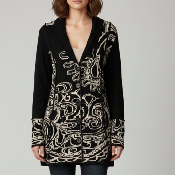 Sweaters - Shawl Collar Button Cardigan Long Sleeve Black Tan Large